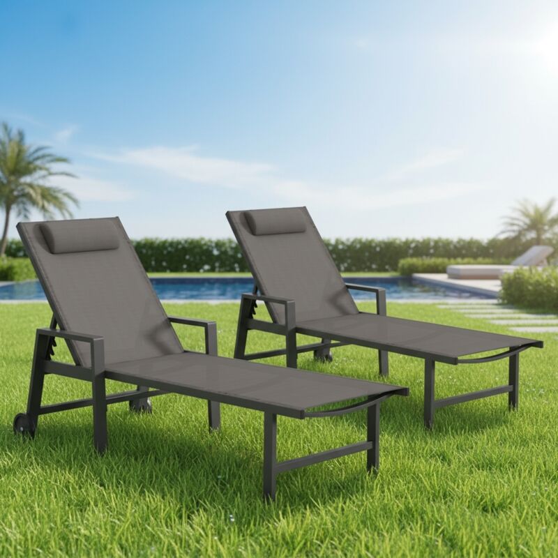 2x chaise longue en aluminium pour jardin 200 kg & roulettes résistantes aux intempéries Chaise longue relax anthracite Teslin Chaise longue pliante