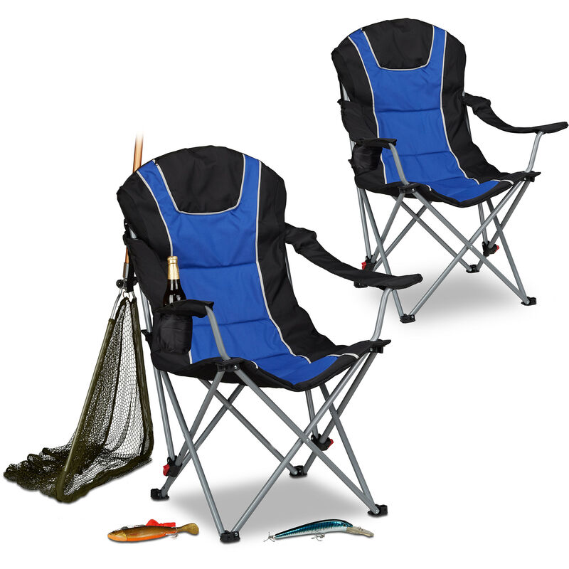 2x chaises de camping pliable fauteuil de pêche rembourré, porte-boissons dossier réglable HxlxP: 108x90x72cm, bleu-noir