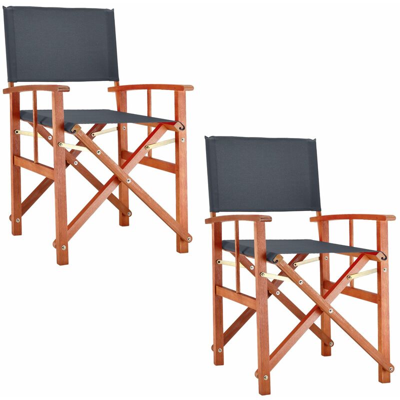Casaria Chaise de jardin Cannes Bois d'eucalyptus certifié FSC® Pliable Chaise de régie pliante en bois Jardin Chaise de metteur en scène 2x Gris