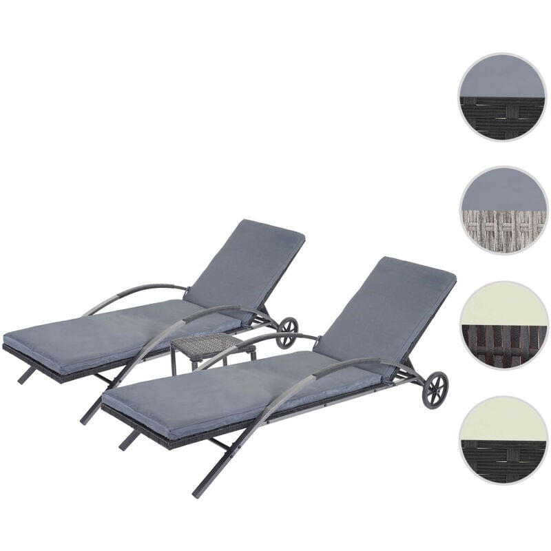 2x Chaises longues HWC-E27 en polyrotin gris, coussins gris foncé