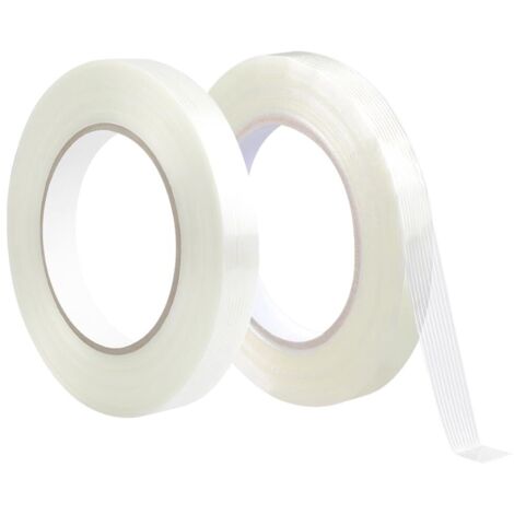 2x Cinta adhesiva de fibra de vidrio, 15 mm x 50 m, cinta de embalaje, cinta de flejado de fibra impermeable, banda reforzada, transparente