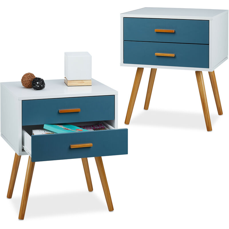 2x Commodes rétro style design nordique 2 tiroirs armoire blanc turquoise HxlxP 58x41x48 cm, laqué mat blanc turquoise