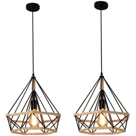 2x Corde de chanvre Cage Lampe de Plafond,Lustre Suspension Industrielle 25cm en forme Diamant Corde de Chanvre Noir