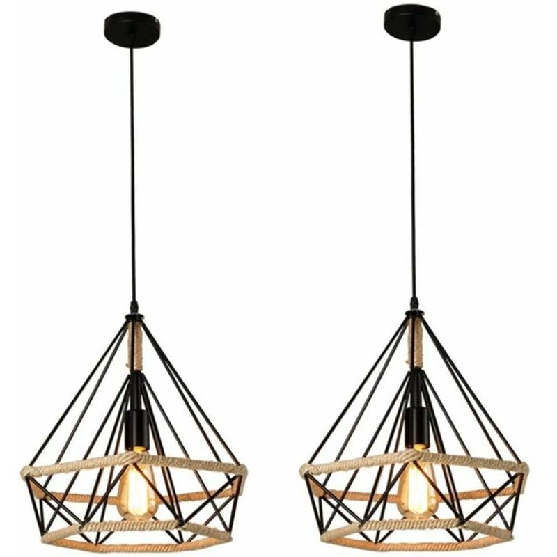 2x Corde de chanvre Cage Lampe de Plafond,Lustre Suspension Industrielle 25cm en forme Diamant Corde de Chanvre Noir, Ensoleillé