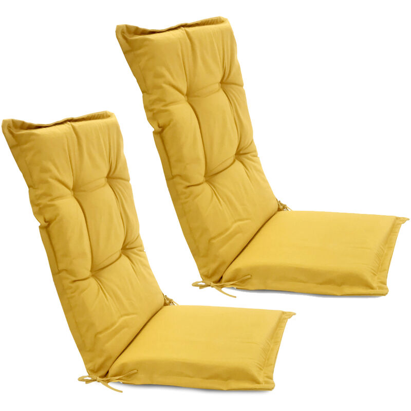 2x Coussins de chaise avec dossier 120x55x6cm-jaune - polyester - amovibles - avec sangle de fixation - Chaises d'extérieur et de j
