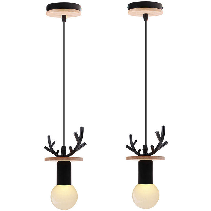 2X Creative Deer Pendant Lamp Rural Antlers Pendant Light Retro Ceiling Lamp Modern Ceiling Light for Cafe Bar Office Black