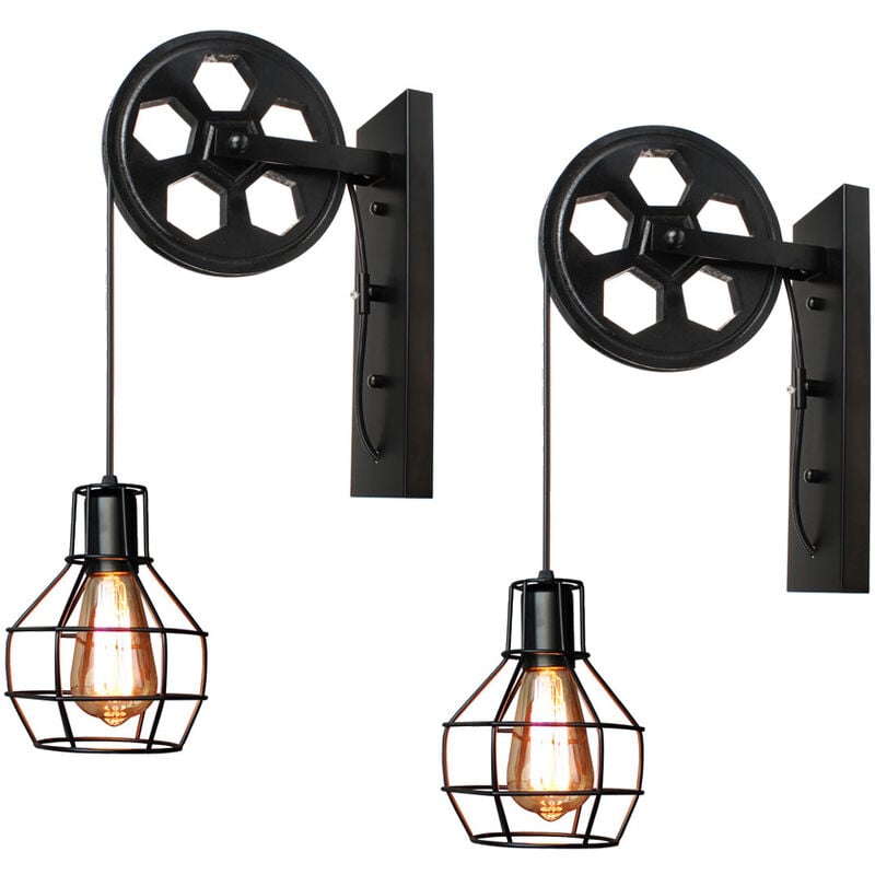 Axhup - 2pcs Vintage Wall Light Fixture Industrial Pulley Wall Lamp Creative Wall Sconce E27 (Black)