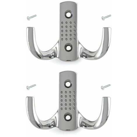 2x Crochet double 58mm en métal finition chrome poli avec vis Mural Cuisine Salle de bain Porte Manteau Serviette Sac Couvert Vêtement Dressing Meuble Placard Patère