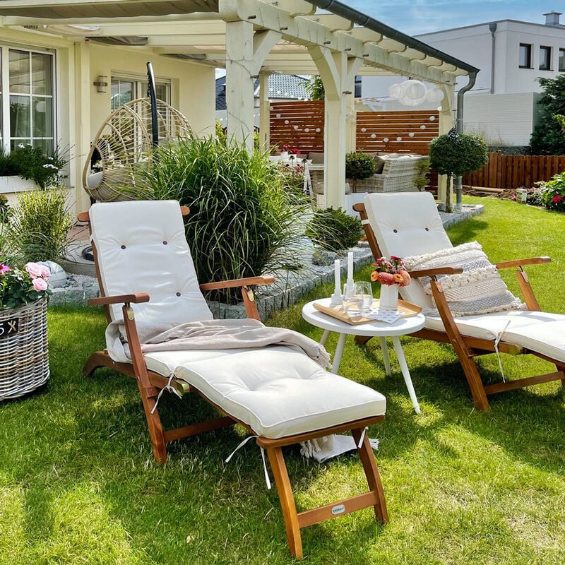 2x Wooden Deck Chair Patio Garden Outdoor Recliner Sun Lounger Hard Wood Reclining Day Bed - Deuba