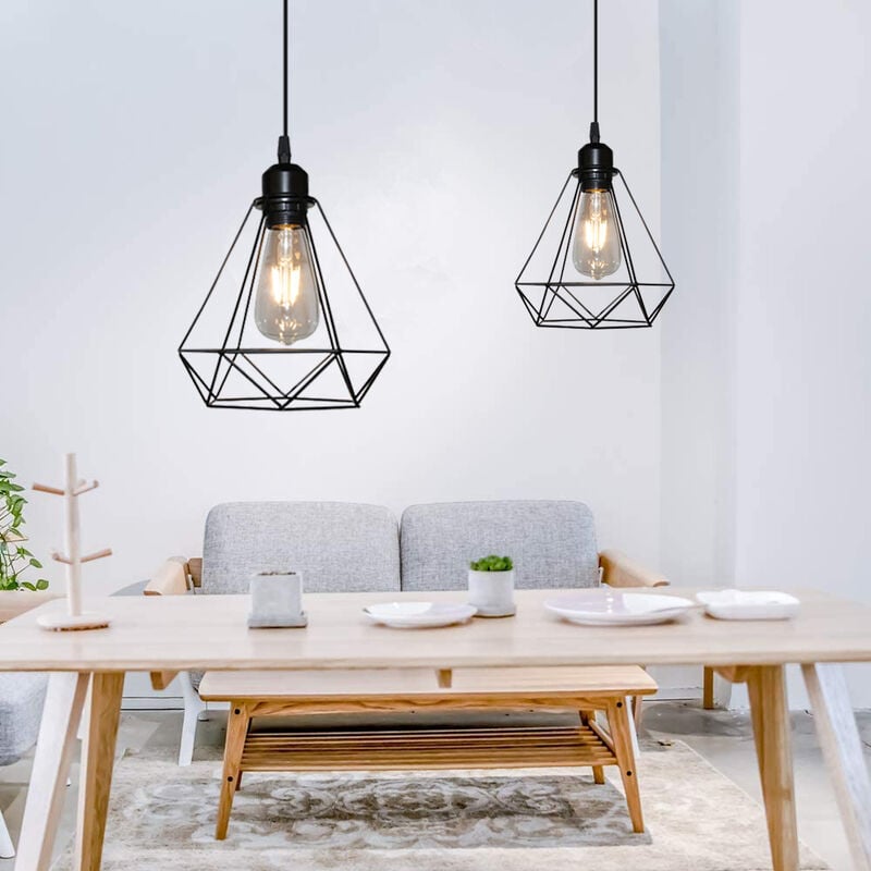 2X Diamond Hanging Pendant Light, Industrial Ceiling Lamp with Metal Cage Lampshade, Retro Black Chanderlier (Ø20cm)