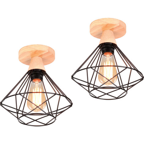 2x Diamond Shape Ceiling Light Industriel in Metal and Wood Modern Design Lamp for Escalier Corridor Entrance Black