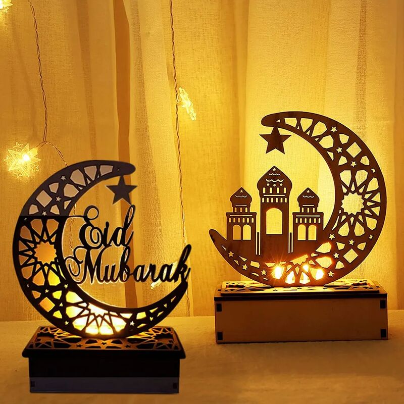 Image of Fortuneville - 2x Eid Mubarak Night Light led Ramadan Decorazione Lampada Luci artigianali in legno Musulmano Islam Lampada led in legno