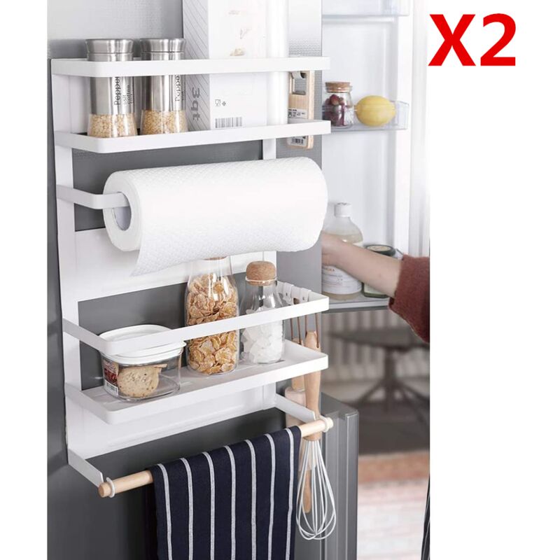 

2x Estantería de nevera Organizador Especiero Cocina Portarrollos Estante Metal Nevera para Botes de Especias -Blanco