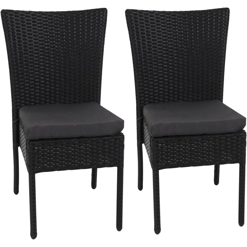 HHG - jamais utilisé] 2x Fauteuil en polyrotin 949, chaise pour jardin ou balcon, empilable noir, coussin gris foncé - black