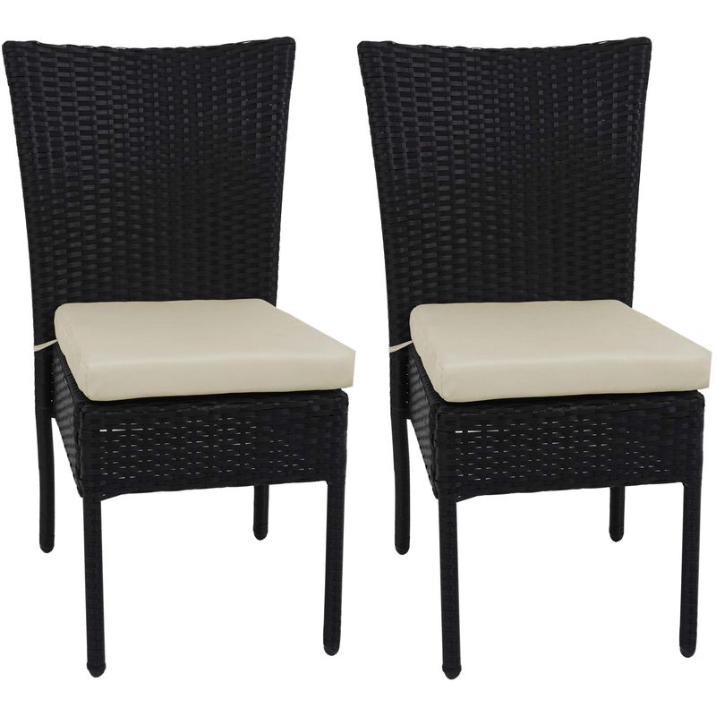 HHG - 2x Fauteuil en polyrotin 949, chaise pour jardin ou balcon, empilable noir, coussin crème - black