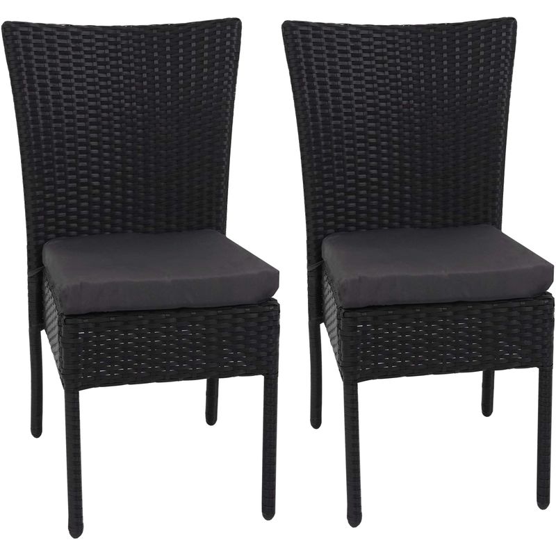 2x Fauteuil en polyrotin HHG-949, chaise pour jardin ou balcon, empilable noir, coussin gris foncé - black