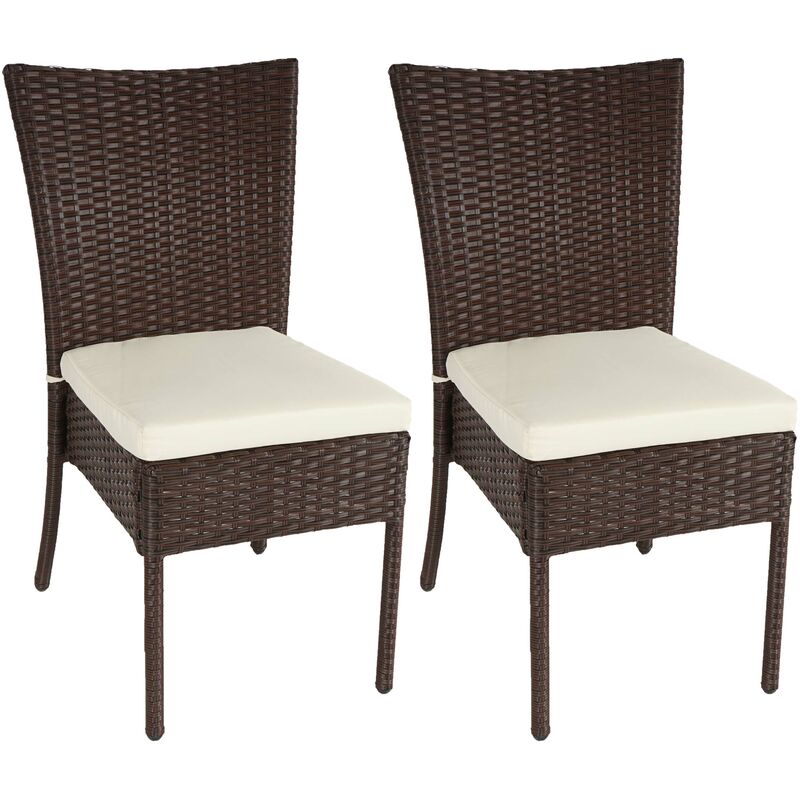 2x Chaise en Poly Rotin HHG 949, Chaise de Balcon Chaise de Jardin, Empilable brun, Coussin crème - brown