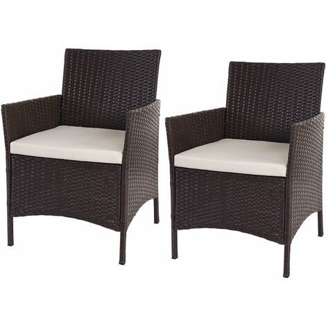 2x fauteuils chaises de jardin en polyrotin marron coussins crème 040000470