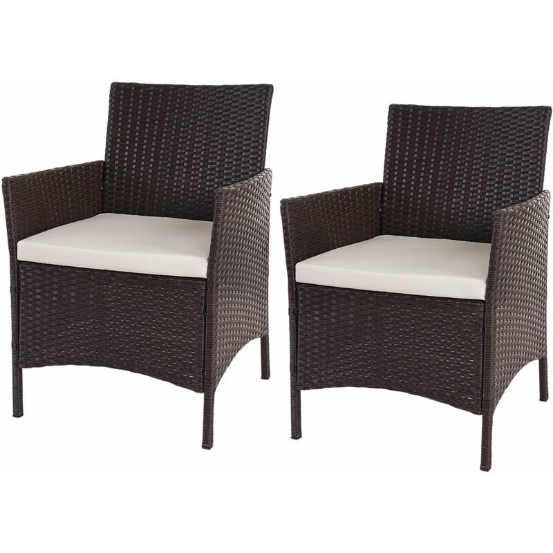 2x fauteuils chaises de jardin en polyrotin marron coussins crème - marron