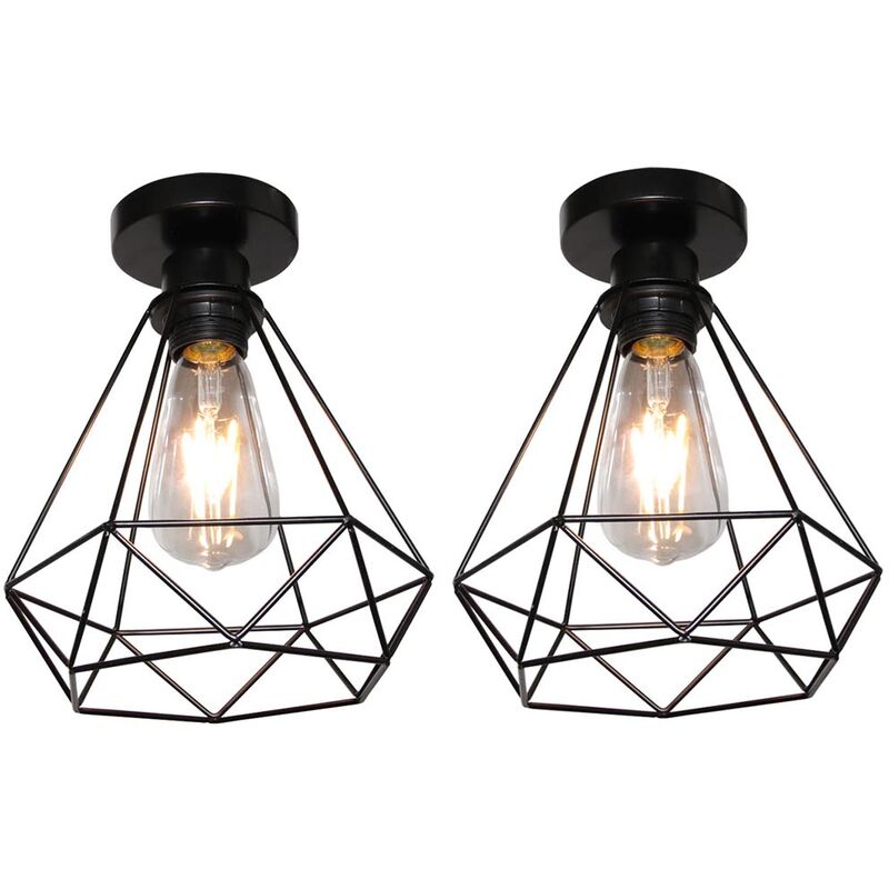 2X Flush Ceiling Lights, Vintage Industrial Ø20cm Diamond Ceiling Lamp, Retro Chandelier Fixture with Cage Lampshade for Living Room Bedroom Hallway
