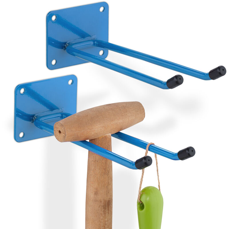 Image of 2x Ganci Porta Attrezzi da Giardino, l: 24 cm, Appendi Scope e Accessori Giardinaggio, Portaoggetti Officina, Blu