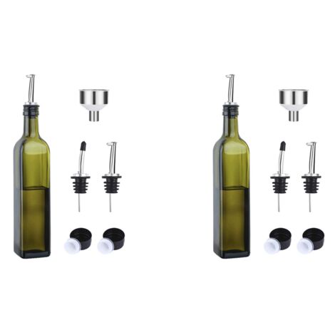 2X Glass Olive Bottle - Green and Vinegar 500ml with Funnel Pourer Carafe