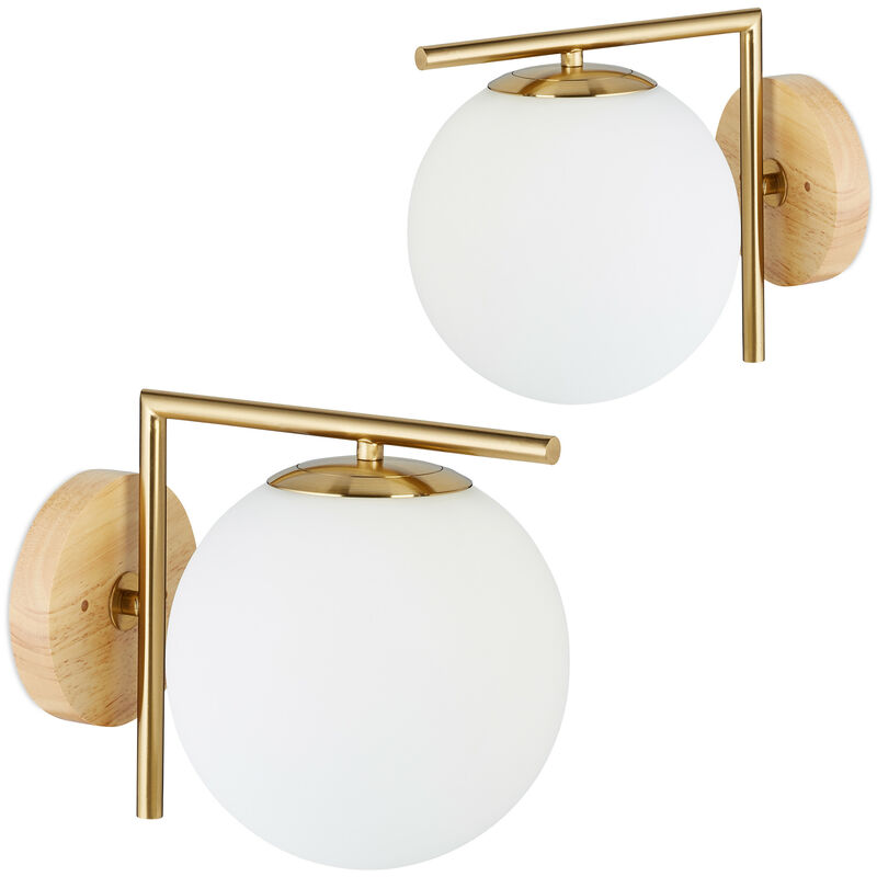 2x GLOBI Brass Wall Light, Metal, Glass Ball Shade, HxWxD: 23 x 20 x 28 cm, Modern, Design Lamp, Matt