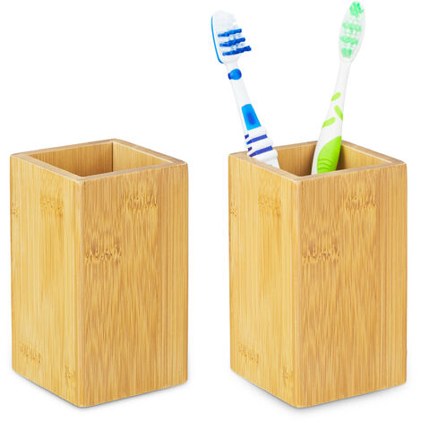 2x Gobelets de salle de bain, carrés, design naturel, brosse à dents, revêtement PU et bambou, 11x6,5x6,5 cm, nature
