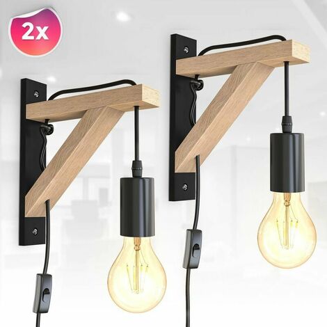 2x Industrial LED Wandleuchte Metall Holz Retro Vintage Lampe Schwarz E27 Kabel 2er Pack