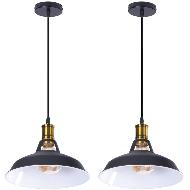 2pcs Vintage Metal Pendant Light, Antuique Hanging Light with Ø27cm Dome Lampshade, Retro Industrial Chandelier for Kitchen Island (Black & White)