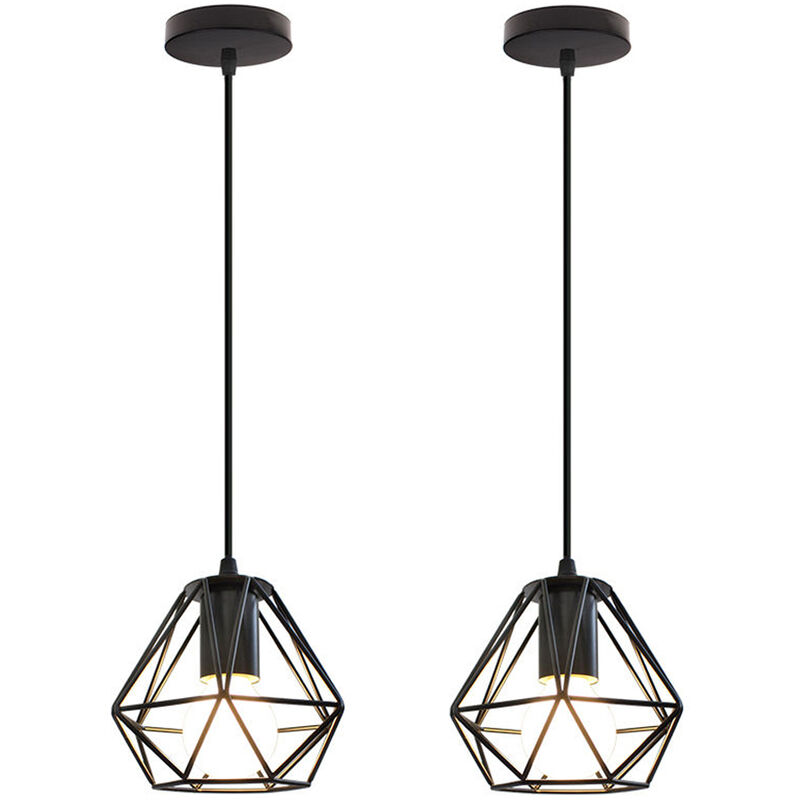 2X Industrial Pendant Lighting Fixture Black, Vintage Retro Metal Hanging Ceiling Lamp, Chandelier with Mni Damond Cage Lampshade for Bedroom Living