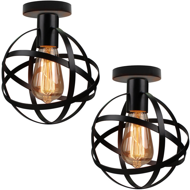 2x Industrial Round Ceiling Lamp Spherical Retro Pendant Lamp Creative Hollow Chandelier for Balcony Hall Café Black