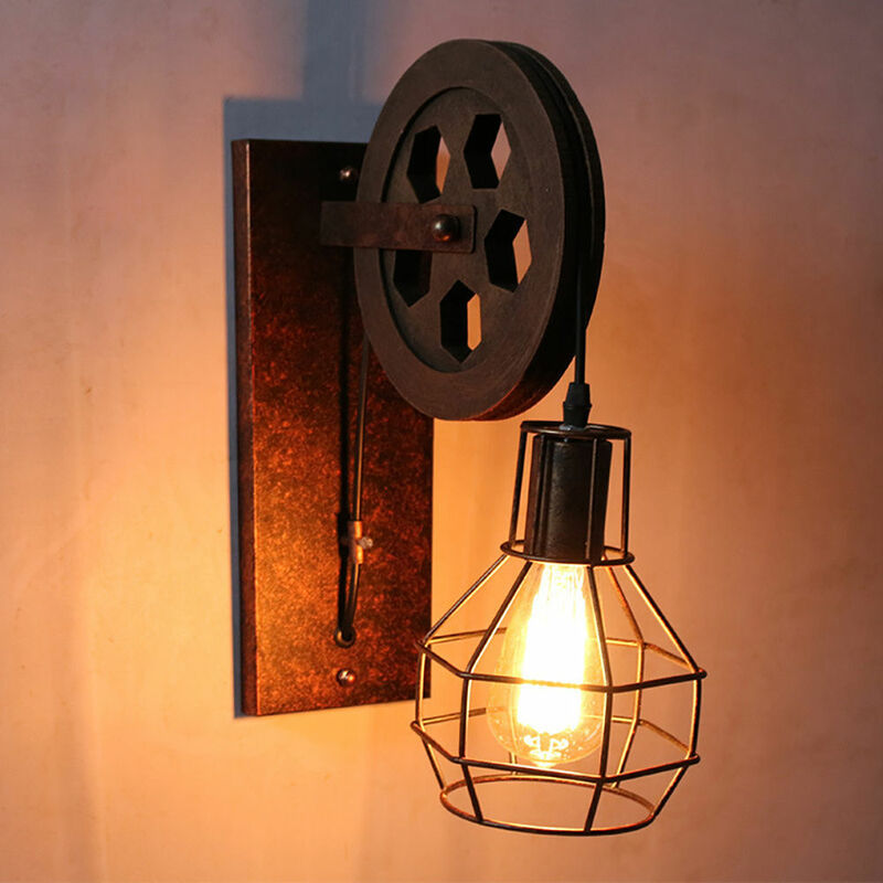 2X Industrial Wall Light Fixture Vintage Retro Pulley Wall Lamp Creative Metal Iron Wall Sconce E27 for Bedside Living Room Indoor Outdoor (Red Rust)