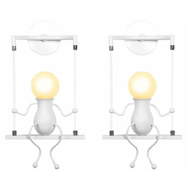 Axhup - 2X Industrial Wall Light Fixtures Iron Creative Single Cartoon Doll Human Adjustable Swing Wall Lamp E27, White