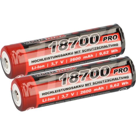 2x Kraftmax 18650 18700 Pro Akku mit PCB Schutzschaltung - speziell für LED Taschenlampen 3,7V 9,62 Wh