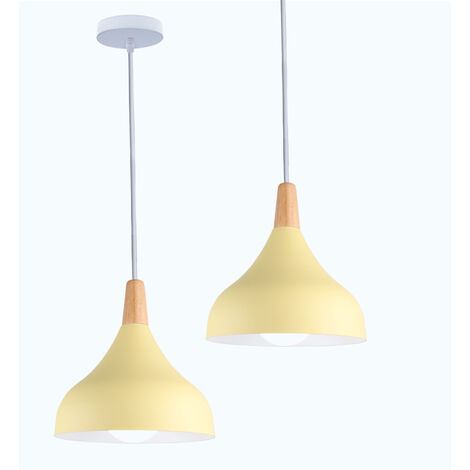 2X Lampada a Sospensione, Lampadario a Soffitto con Ø20cm Paralume Cupolo in Legno, Moderna Illuminazione con E27 Supporto per Soggiorno Camera da Letto Sala da Pranzo (Amarillo)
