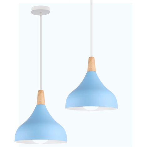 2X Lampada a Sospensione, Lampadario a Soffitto con Ø20cm Paralume Cupolo in Legno, Moderna Illuminazione con E27 Supporto per Soggiorno Camera da Letto Sala da Pranzo (Azul)