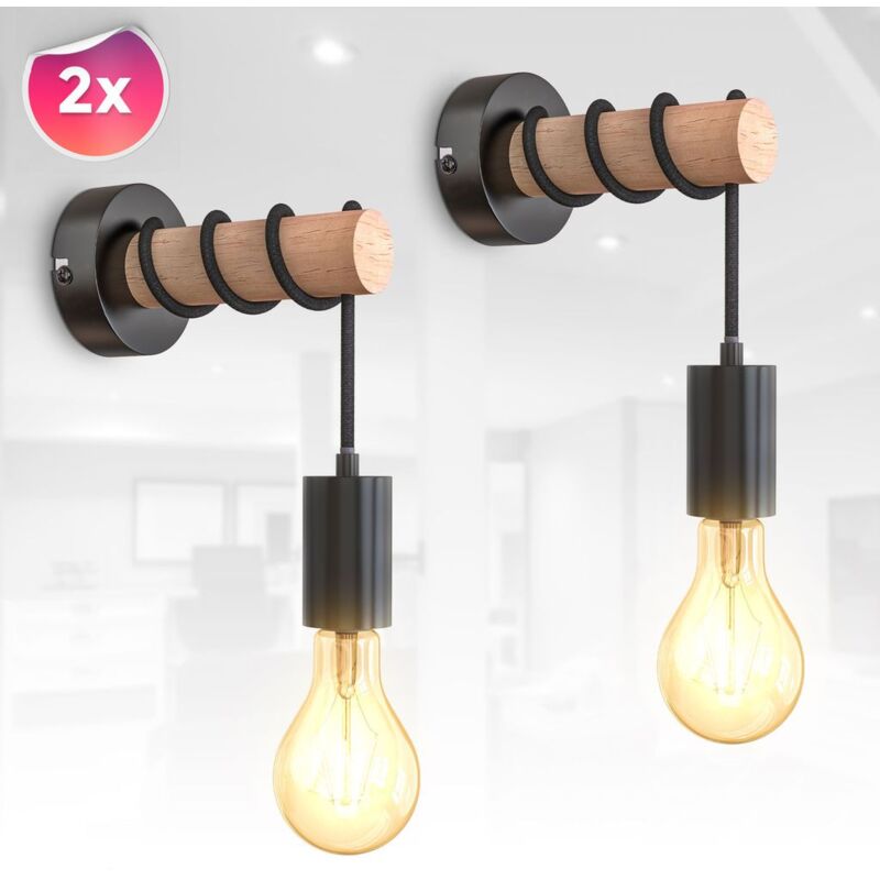 Image of 2x Lampada da parete led Retrolamp Industrial Metal Wood Vintage Black excl. 1x E27