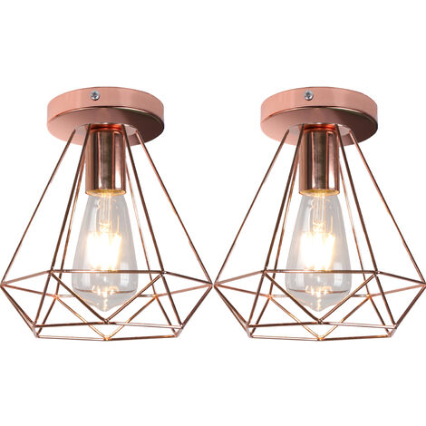2X Lampada da Soffitto Industriale Gabbia Diamante in Metallo Retrò Lampadario E27 per Balcone, Corridoio, Ingresso Oro Rosa