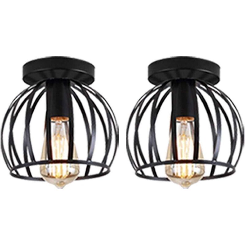 Lot de 2 Vintage Plafonnier Industrielle Design forme Cage 20cm Noir, Lampe de Plafond en Métal Fer Luminaire pour Salon Chambre Salle à manger (sans
