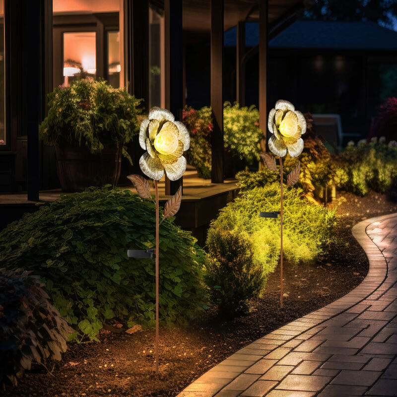 Image of 2x lampade a spina solare a led fiori decorazione del giardino picchi di terra luci del cortile ruggine d'argento