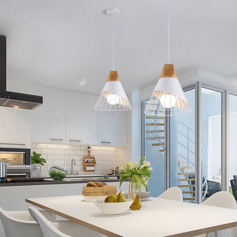AXHUP 2x Lámpara Colgante Industrial E27 Jaula de Hierro y Madera Iluminación de Estilo Contemporáneo para Dormitorio Sala de Estar Cocina Blanco