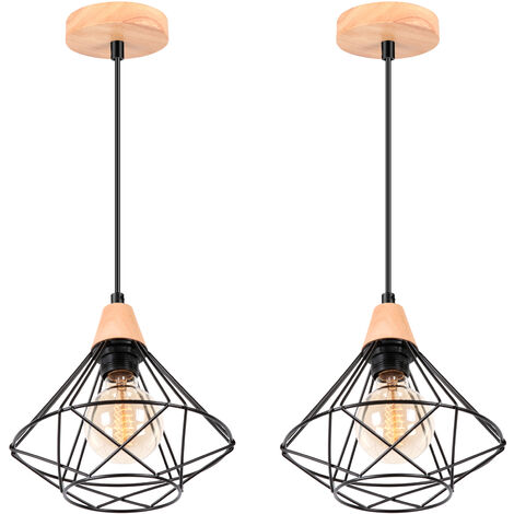 2x Lámpara Colgante Jaula Diseño de Metal y Madera Retro Lámpara de Techo Luz Interior para Dormitorio, Sala de Estar, Comedor Negro