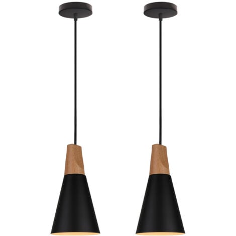 2X Lámpara Colgante Moderna Pantalla Para Lámpara De Metal Y Madera, Lustre Nórdico Negra Lámpara De Techo Moderno Lámparas De Colgar Retro
