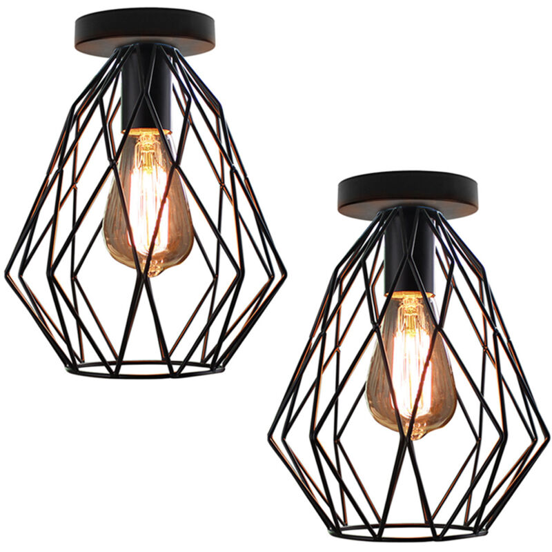 2X Lampe De Plafond D'Intérieur Rétro Plafonnier Moderne Luminaire Plafonnier Vintage En Métal Pour Chambre Intérieure Café Bar Noir E27