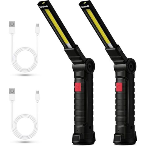 2x Lampe Lampe de Travail LED Rechargeable, Baladeuse Magnétique COB, Torche USB Puissante 5 Modes, Éclairage d'Inspection Auto, Lampe de Camping 360° avec Base Aimantée, Atelier/Garage/Urgence [Class