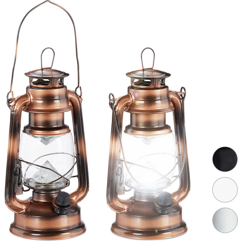 2x lampe-tempête LED, lanterne retro comme décoration de fenêtre ou de jardin, à piles, cuivre