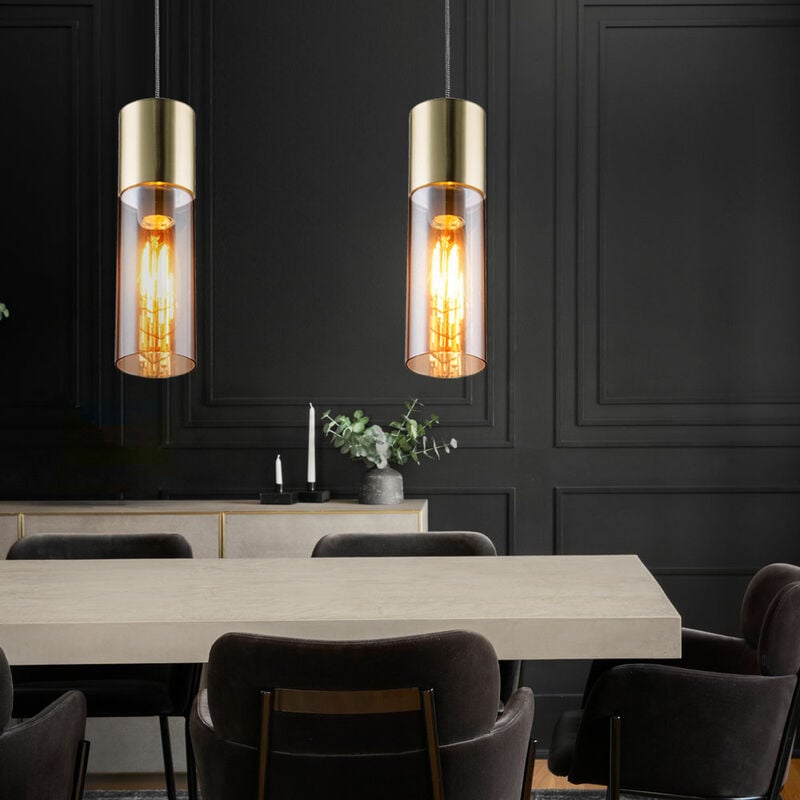 Lot de 2 suspensions plafonnier design salon salle à manger verre pendule lumière laiton