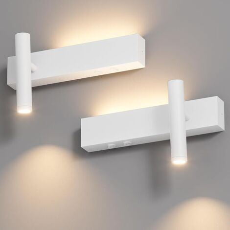 2X LED Applique Murale Interieur 2 Flammes, 3W+3W 3000K Lampe Murale avec 2 Boutons, Rond Spot Mural 330°Rotation /60°Orientable, Aluminium, pour Chambre Salon, Lumière Chaude, Blanc