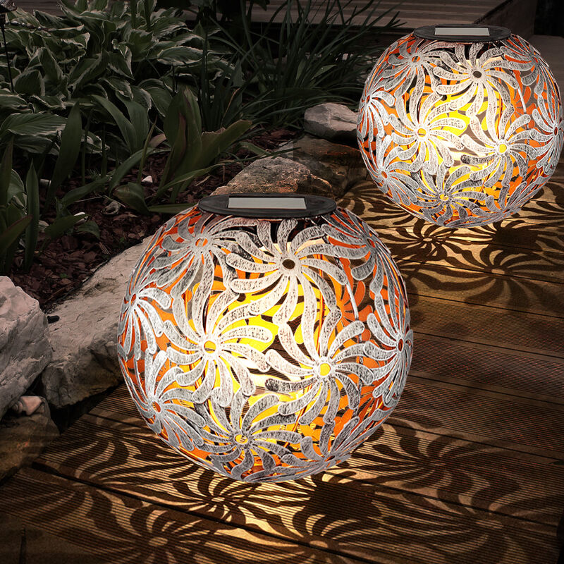 

2x LED luces solares enchufables al aire libre decoración de camino de jardín terraza bolas trenzadas lámparas de punta de tierra plateadas